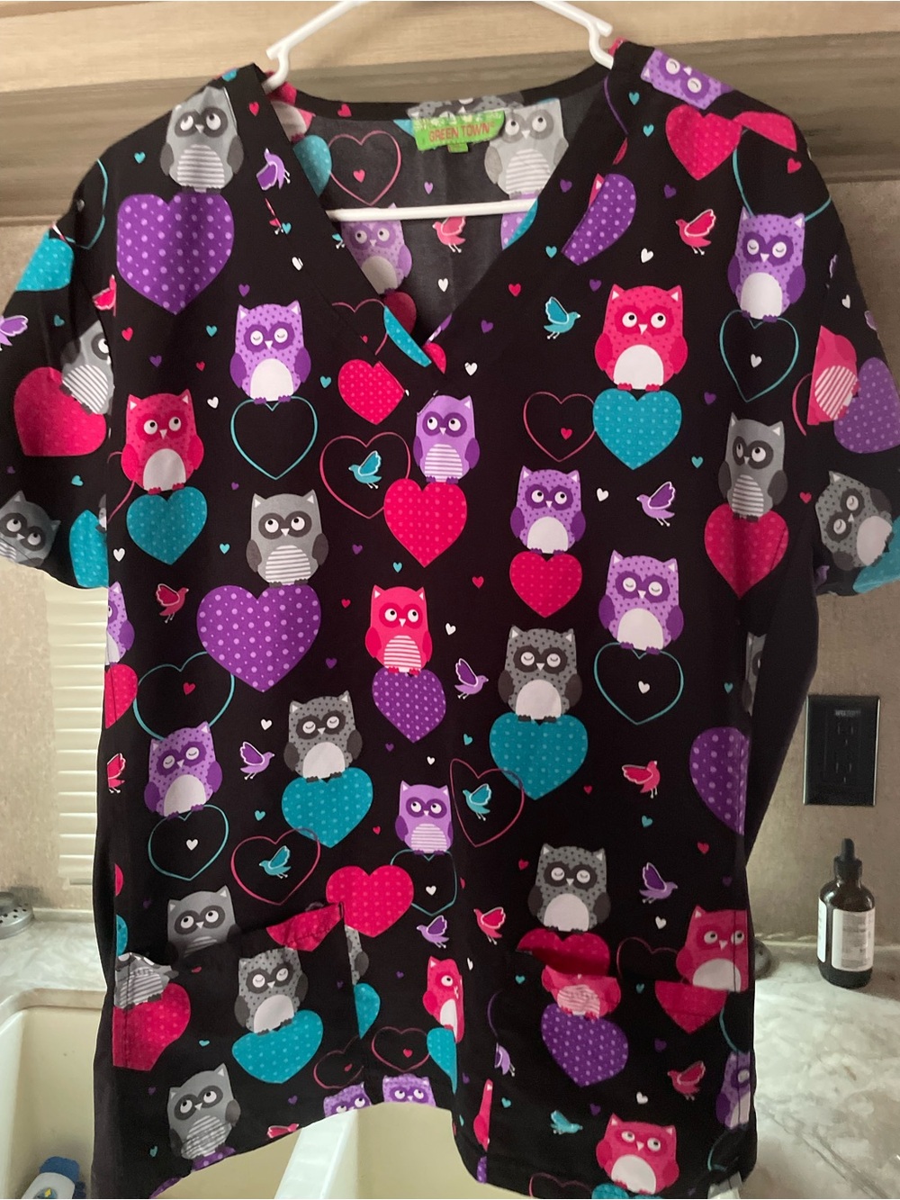 Unbranded Women’s Black V-Neck Owl Print Scrub Top - Pink, Purple, Teal